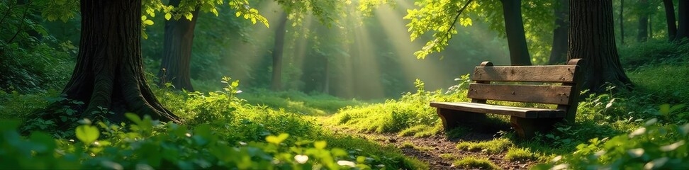 Serene forest scene featuring a rustic wooden bench nestled amongst lush greenery, sunlight dappling through leaves Perfect for relaxation and nature themes , shade, branches