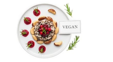 Elegant vegan dessert platter with berries nuts and rosemary sprigs