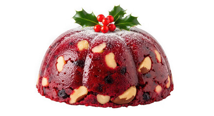 Traditional christmas pudding decorated with holly and berries