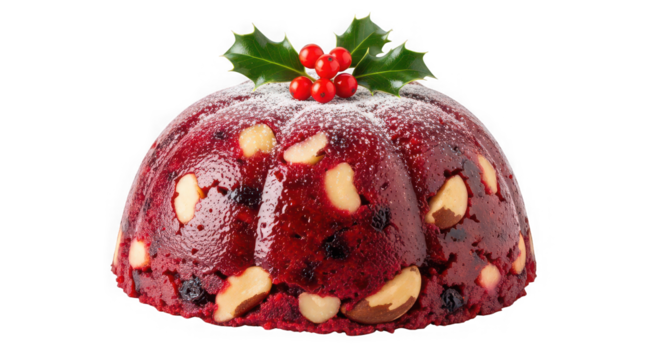 Traditional christmas pudding decorated with holly and berries