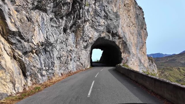 Driving up the Col d'Aubisque, France. Mountain pass in the French Pyrenees massif, symbol of the Tour de France in Bearn, France