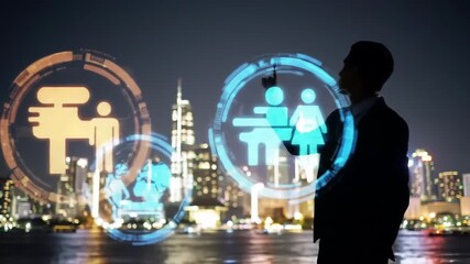 Silhouetted figure points towards glowing futuristic interfaces with city lights reflecting on the water behind - Powered by Adobe