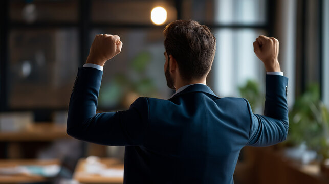 Rear view of professional in formal attire elevating fists celebrating faceless Arab businessman defocused office background good successful business deal excited entrepreneur - Powered by Adobe