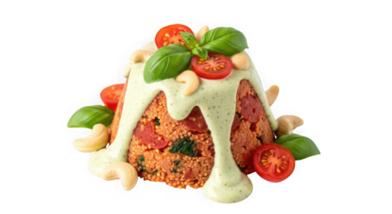 Savory rice terrine topped with creamy sauce and fresh garnishes