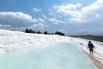 Pamukkale landscape with Natural travertine pools and terraces in Denizli, Turkey