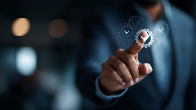 Professional interacting with digital verification marks representing task completion faceless businessman defocused technology background successful project management display