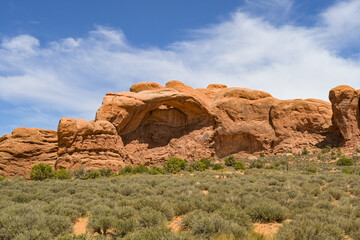 Scenic landscape view of a sandstone rock formation on the Windows Trail  in the Arches National Park.in Moab, Utah