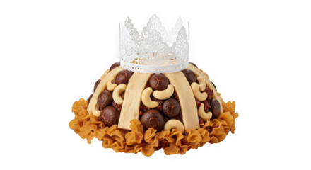 Festive crowned cake decorated with assorted nuts and dried fruits