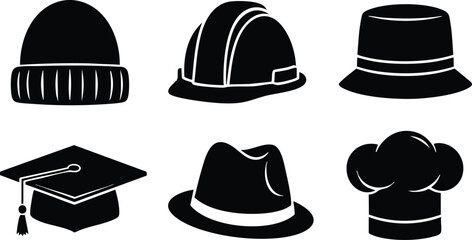 Collection of six different hat styles including beanie hard hat graduation cap fedora and chef hat vector illustration