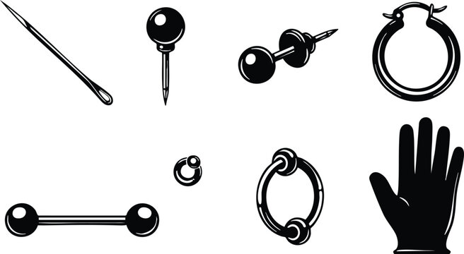 Set of black silhouette piercing jewelry needles rings and hand vector illustration