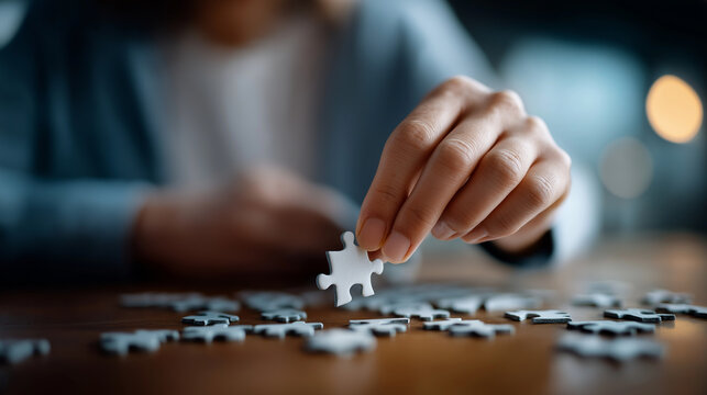 Hand positioning final puzzle piece into board defocused completion background representing solution symbolism execution achievement successful delivery problem solving