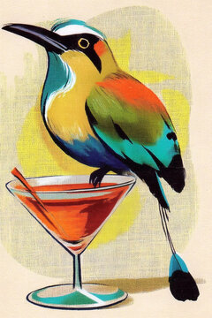 Cocktail Party Torogoz: A colorful Torogoz perched gracefully on a cocktail glass filled with a refreshing drink. The bird and the cocktail create a vivid scene