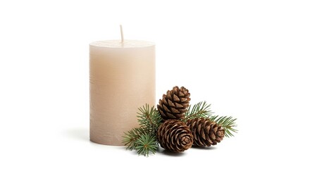 Natural beige candle with pine cones and green branches on white background  