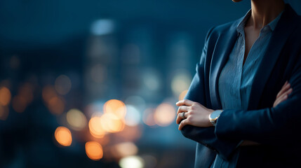 Accomplished professional in stylish attire working on top floor office faceless businesswoman defocused night city background high achievement female executive humanitarian