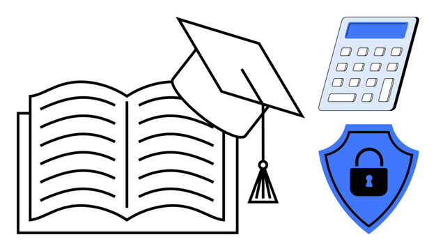 Open book with graduation cap, calculator, and shield with lock combines education, learning support, finance, data privacy, academic achievement, security and digital literacy. Ideal for simple