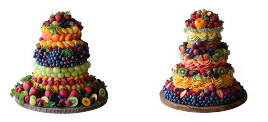 Two vibrant, multitiered fruit towers, resembling decorative cakes, adorned with fresh berries and sliced fruits, isolated on transparent background