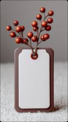 Blank gift tag with a sprig of red decorative berries, perfect for christmas, holidays, or any celebratory occasion needing a customizable greeting or label, on a knitted white background