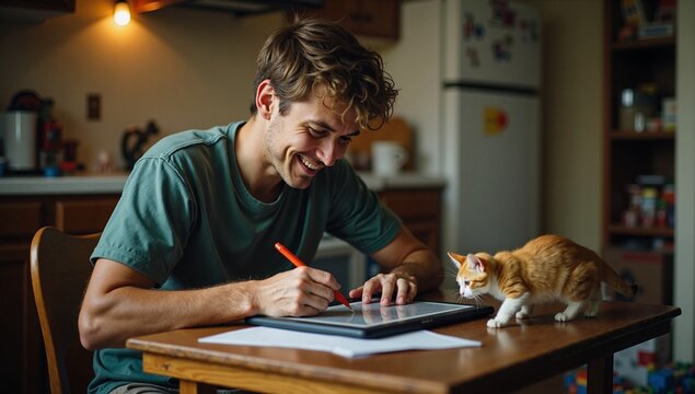 Un homme travail sur sa tablette avec son chat