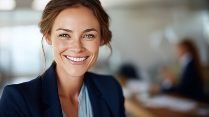 Professional confident individual portrait faceless smiling woman defocused workplace background accomplished career display executive presence scene business success