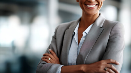 Professional confident individual portrait faceless smiling woman defocused workplace background accomplished career display executive presence scene business success