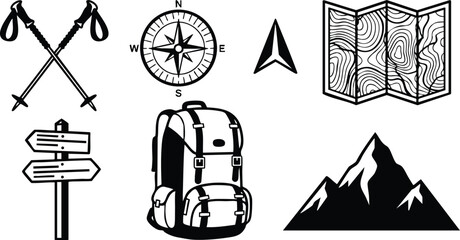 Hiking equipment set with backpack compass map mountain and trekking poles vector illustration