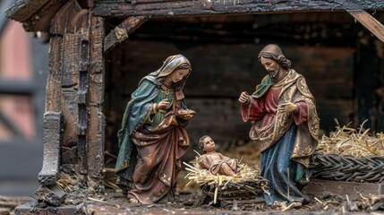 Serene holy night nativity scene featuring mary, joseph, and newborn in the manger