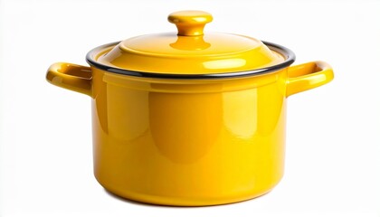 Bright yellow enameled cast iron Dutch oven with lid, side handles, and top knob on white background