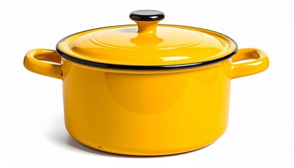 Bright yellow enameled cast iron Dutch oven with lid, side handles, and top knob on white background