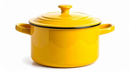 Bright yellow enameled cast iron Dutch oven with lid, side handles, and top knob on white background