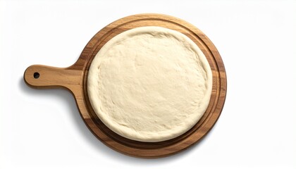 Uncooked round pizza dough on wooden board with wooden spoon, herbs, and peppercorns on white surface