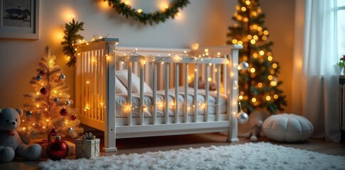 Obraz premium Adorable crib adorned with miniature Christmas trees, twinkling fairy lights, and festive ornaments, creating a magical holiday scene for a cozy nursery , lights, cotton, scene