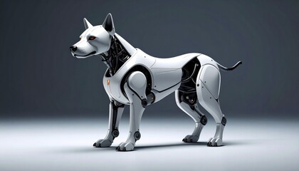 Futuristic robotic dog with white and silver panels, mechanical joints, and sleek anatomy on neutral background