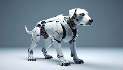 Futuristic robotic dog with white and silver panels, mechanical joints, and sleek anatomy on neutral background
