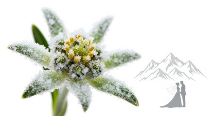 Snow-covered edelweiss flower with mountains in background, concept of copy space  