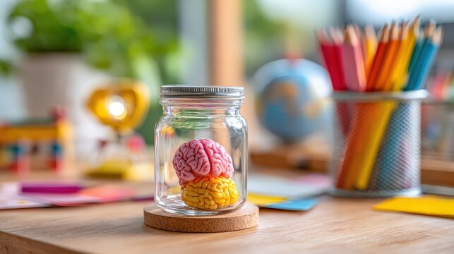 Miniature brain models rest inside a clear glass container on a wooden desk surrounded by study materials.