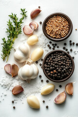 A flat lay of garlic, shallots, mustard seeds, and black peppercorns, enhanced by fresh thyme and sea salt, showcasing vibrant textures.