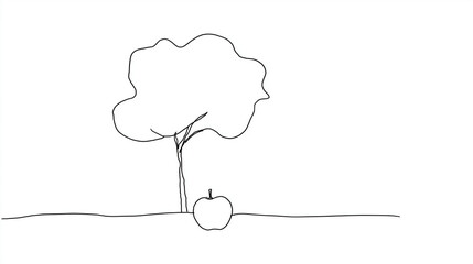 Simple line drawing of tree with apple on ground representing Earth Day  