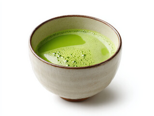 A beautifully crafted ceramic bowl filled with vibrant green matcha tea, showcasing a smooth, frothy surface. Minimalistic style.