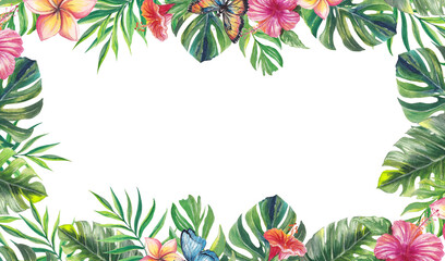 Watercolor tropical frame with lush monstera and palm leaves, hibiscus and plumeria flowers, butterflies, and a colorful parrot. Vibrant exotic border design with empty center for text or branding. © Nadya Severyanka