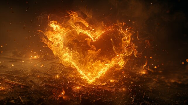 A glowing fire heart exploding into golden particles, dynamic surreal energy, red and orange sparks floating in air, dramatic contrast, cinematic lighting, high detail abstract Valentine composition