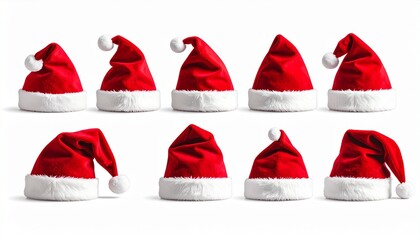 Twelve red Santa hats with white trim and pom-poms arranged in two rows on light background