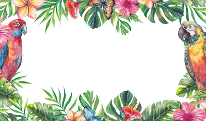 Naklejka premium Watercolor tropical frame with lush monstera and palm leaves, hibiscus and plumeria flowers, butterflies, and a colorful parrot. Vibrant exotic border design with empty center for text or branding.