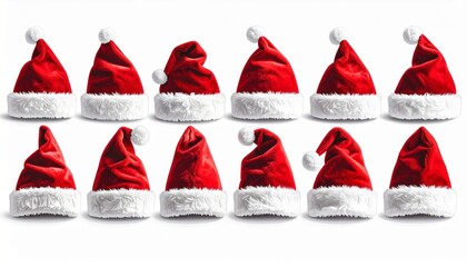 Twelve red Santa hats with white trim and pom-poms arranged in two rows on light background