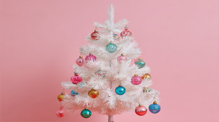 A vibrant white Christmas tree adorned with colorful vintage ornaments, set against a soft pink backdrop, showcasing a playful retro aesthetic.