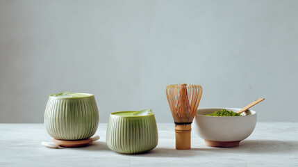 A serene flat-lay image featuring two ribbed matcha cups, a bamboo whisk, and a bowl of matcha powder, styled for a calming aesthetic.