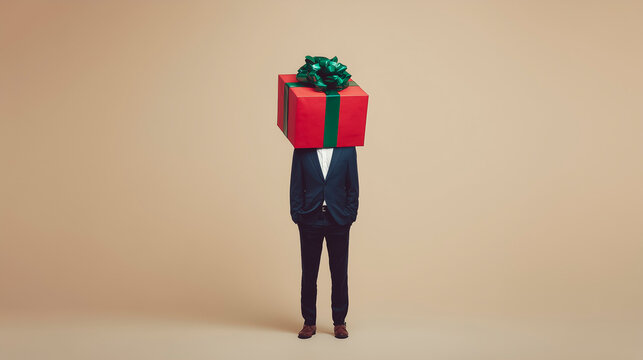 Man in a business suit with a red gift box on his head against a beige background, Christmas identity concept