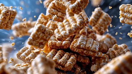 Sweet puffed breakfast cereal pieces coated in icing sugar flying dynamically against a dark blue background - Powered by Adobe