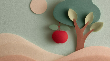 Paper cut apple hanging from tree against minimalist landscape background  