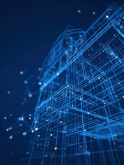 building in a glowing blue wireframe blueprint style, illustrating concepts of smart technology, big data networks, cybersecurity, architecture planning, and global construction engineering.