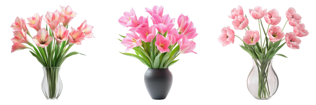 Three vases filled with beautiful pink flowers, creating a vibrant and elegant display. Each vase showcases a unique arrangement of flowers, adding to the visual appeal.